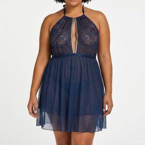 Cacique Indigo Lace Silk Halter Babydoll Lingerie Chemise Plus 18/20